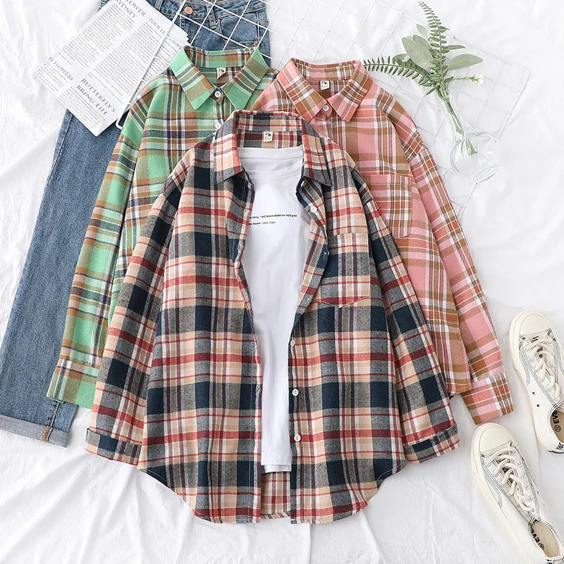 Casual Women's Plaid Shirt 2025 Spring Autumn New Ladies Loose Blouse and Tops Female Long Sleeve Shirts Fresh Checked Clothes