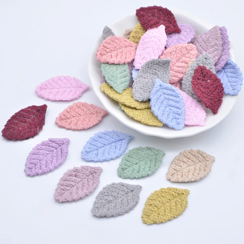 100Pcs 18*27mm Woolen Leaf Padded Flower Appliques for Children's Crafts Headwear Accessories DIY Hair Clips Earing Decoration
