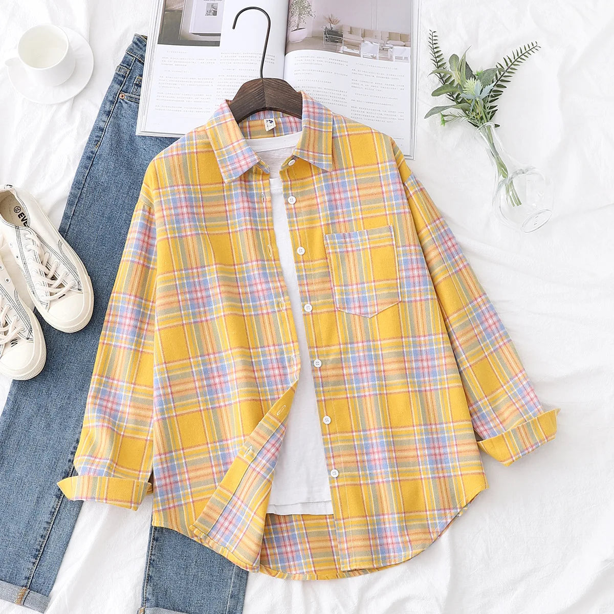 Casual Women's Plaid Shirt 2025 Spring Autumn New Ladies Loose Blouse and Tops Female Long Sleeve Shirts Fresh Checked Clothes