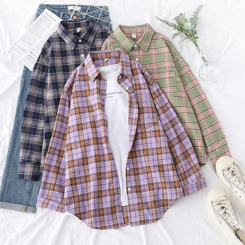 Casual Women's Plaid Shirt 2025 Spring Autumn New Ladies Loose Blouse and Tops Female Long Sleeve Shirts Fresh Checked Clothes