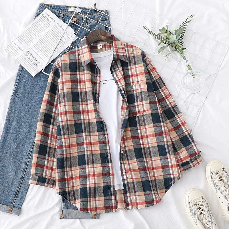 Casual Women's Plaid Shirt 2025 Spring Autumn New Ladies Loose Blouse and Tops Female Long Sleeve Shirts Fresh Checked Clothes