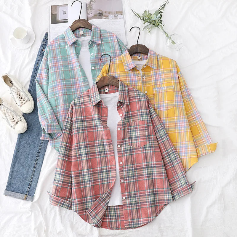 Casual Women's Plaid Shirt 2025 Spring Autumn New Ladies Loose Blouse and Tops Female Long Sleeve Shirts Fresh Checked Clothes