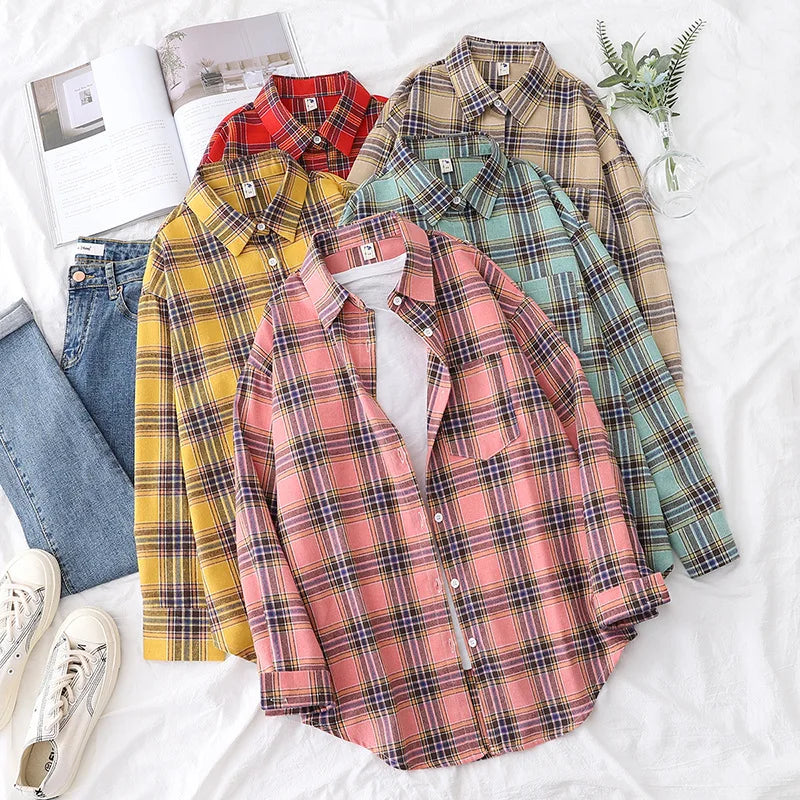Casual Women's Plaid Shirt 2025 Spring Autumn New Ladies Loose Blouse and Tops Female Long Sleeve Shirts Fresh Checked Clothes