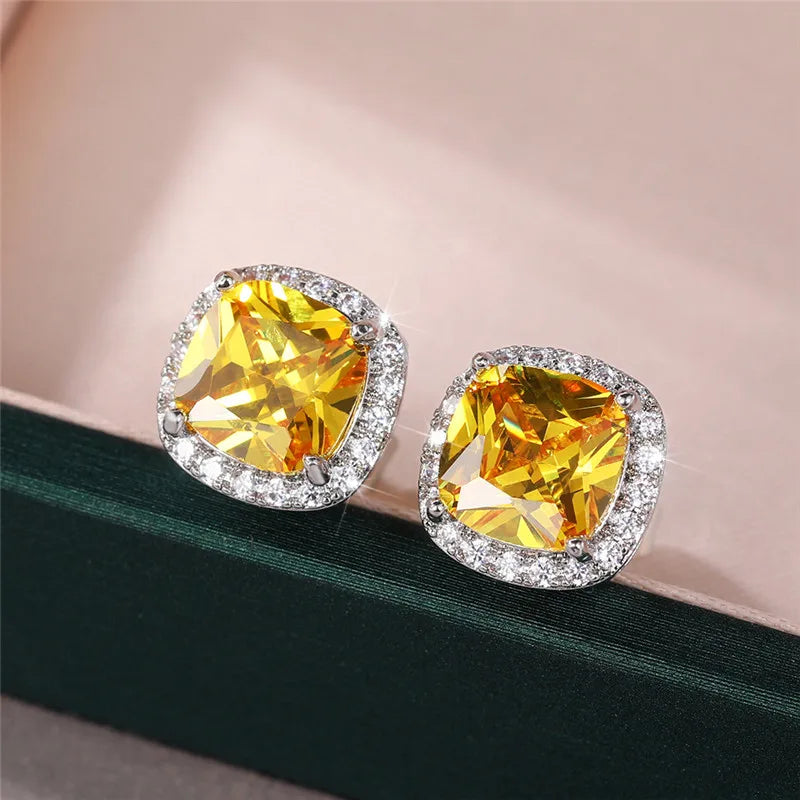 Huitan Bright White/Yellow/Pink CZ Stud Earrings for Women Fashion Contracted Jewelry High Quality Wedding Engagement Earrings