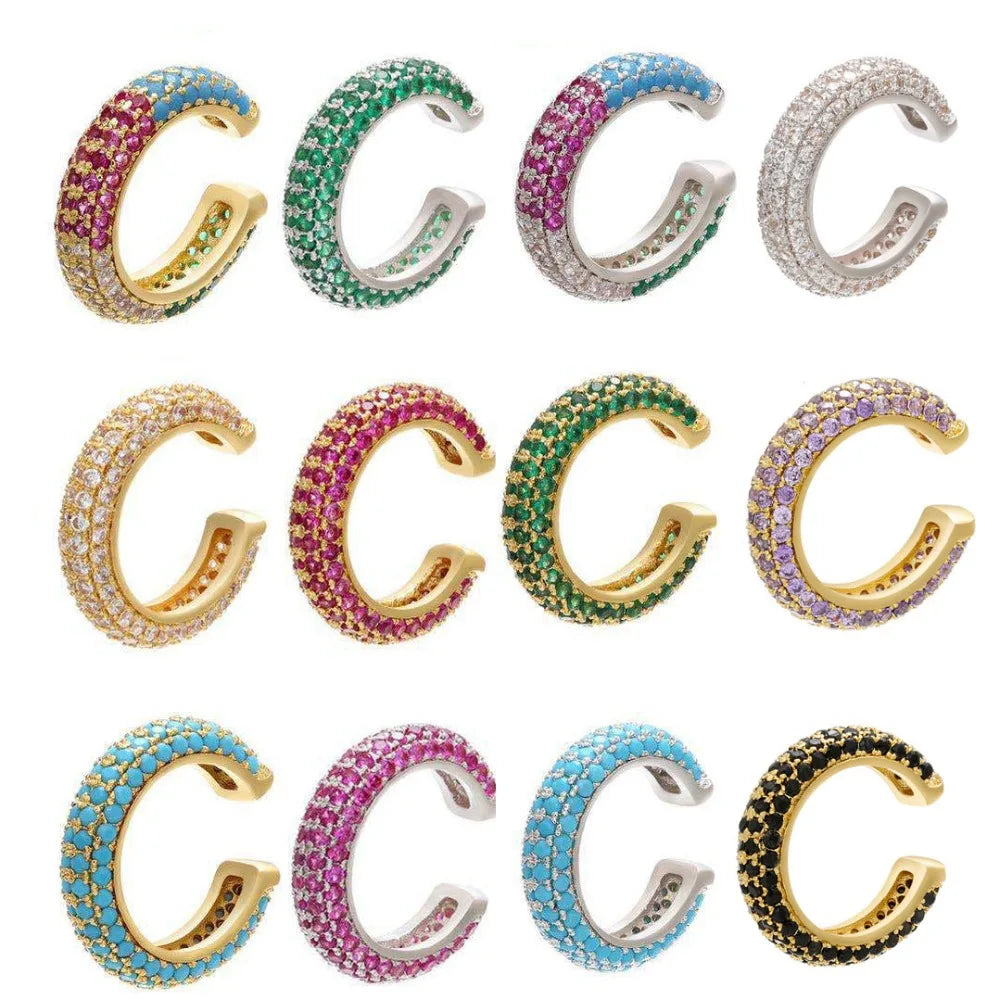 1 Piece Ear Clip on Earring Cuff Rainbow CZ Gold Silver Color Earing Jewelry Aretes Non Pierced Blue Black Clear Clipping