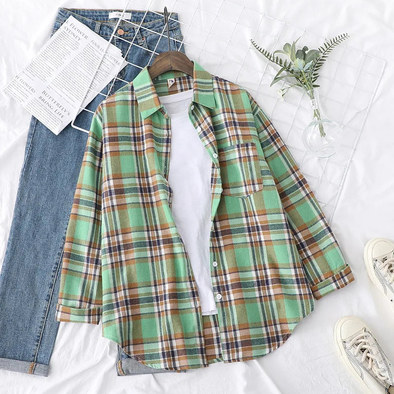 Casual Women's Plaid Shirt 2025 Spring Autumn New Ladies Loose Blouse and Tops Female Long Sleeve Shirts Fresh Checked Clothes