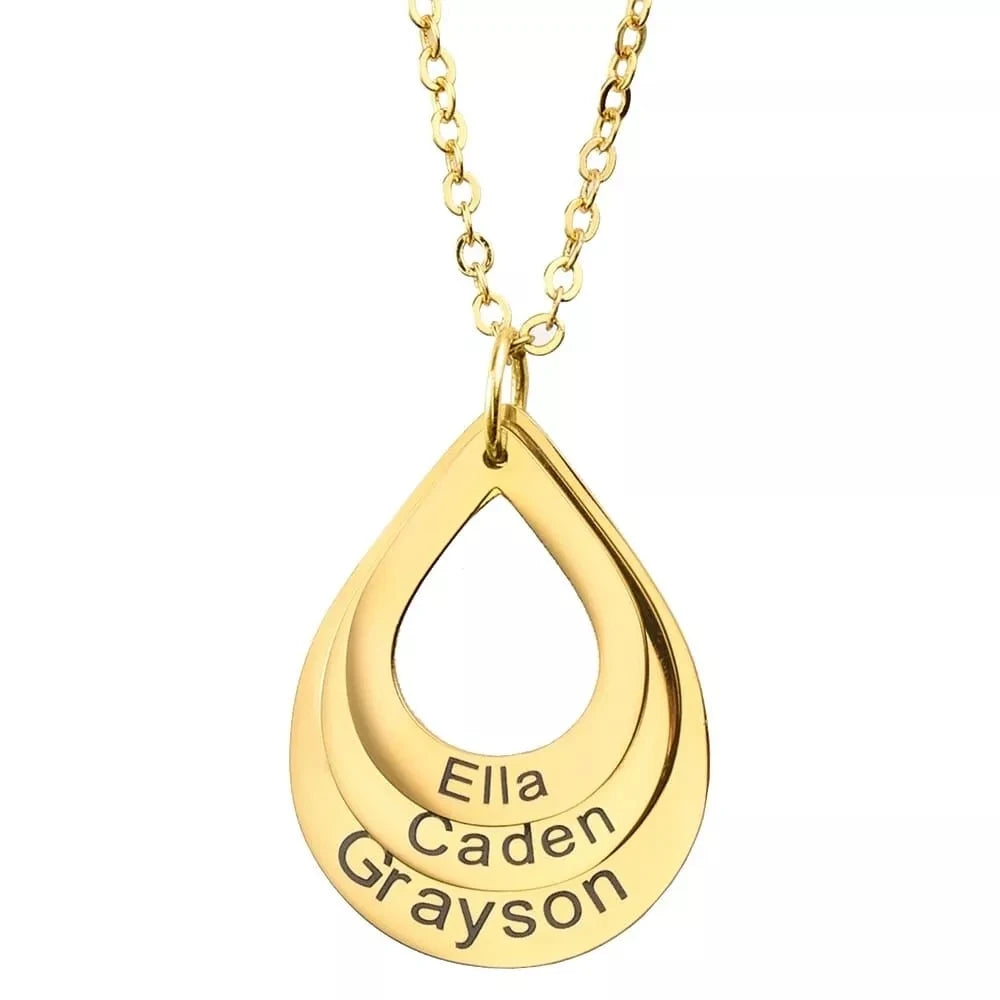 Personalized Water Drop Necklace With Rotating Rose Box Custom Family Names Heart Charms Waterdrop Pendants Gift for Women Mom
