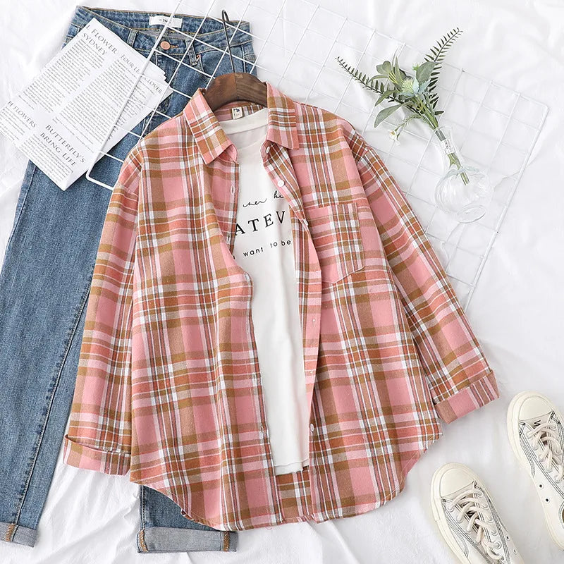 Casual Women's Plaid Shirt 2025 Spring Autumn New Ladies Loose Blouse and Tops Female Long Sleeve Shirts Fresh Checked Clothes