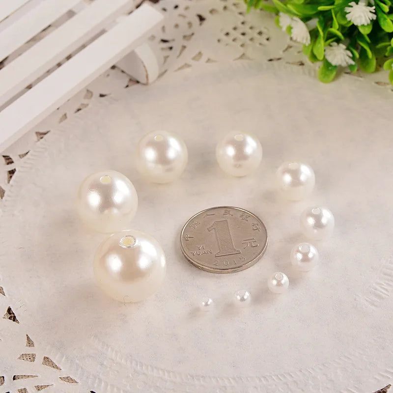 10-1000pcs/lot 3-20mm Straight Holes Acrylic Imitation Pearl Beige Bracelet Round Beads For DIY Craft Jewelry Making Supplies