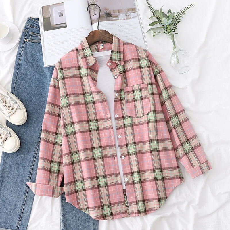 Casual Women's Plaid Shirt 2025 Spring Autumn New Ladies Loose Blouse and Tops Female Long Sleeve Shirts Fresh Checked Clothes