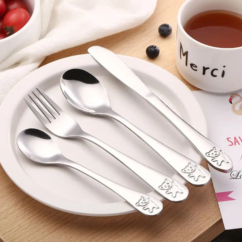 4pcs/Set Baby Teaspoon Spoon Food Feeding Fork Knife Utensils Stainless Steel Kids Learning Eating Habit Children Tableware