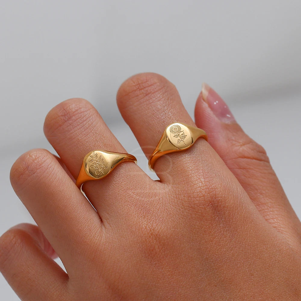 Handmade Tarnish Free Stainless Steel 18k Gold Plated Engraving Wildflower Tea Leaf Lavender Sunflower Signet Rings For Women