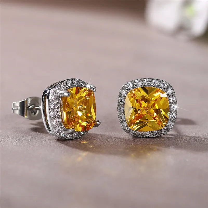 Huitan Bright White/Yellow/Pink CZ Stud Earrings for Women Fashion Contracted Jewelry High Quality Wedding Engagement Earrings