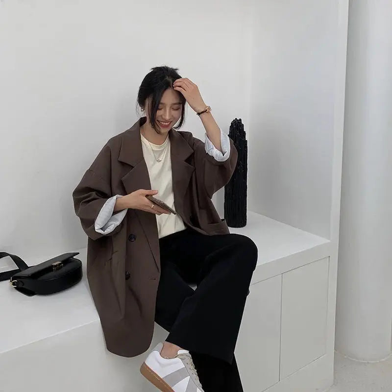 New 2025 Vintage Loose Women Solid Blazer Autumn Chic Double Breasted Female Long Sleeve Suit Jackets Stylish Ladies Blazers