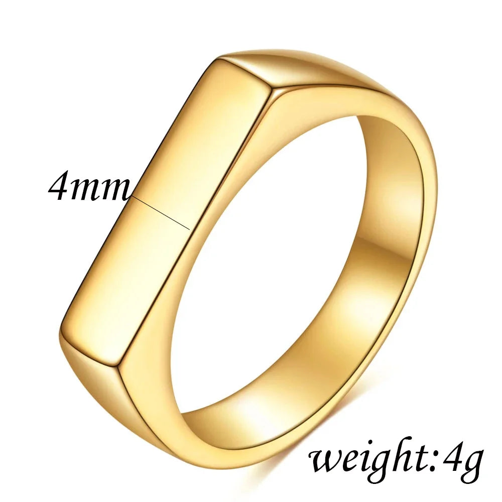 Square Band Flat Top Signet Ring Oxidized Silver Color Stainless Steel Vintage Rustic Women Men Jewelry
