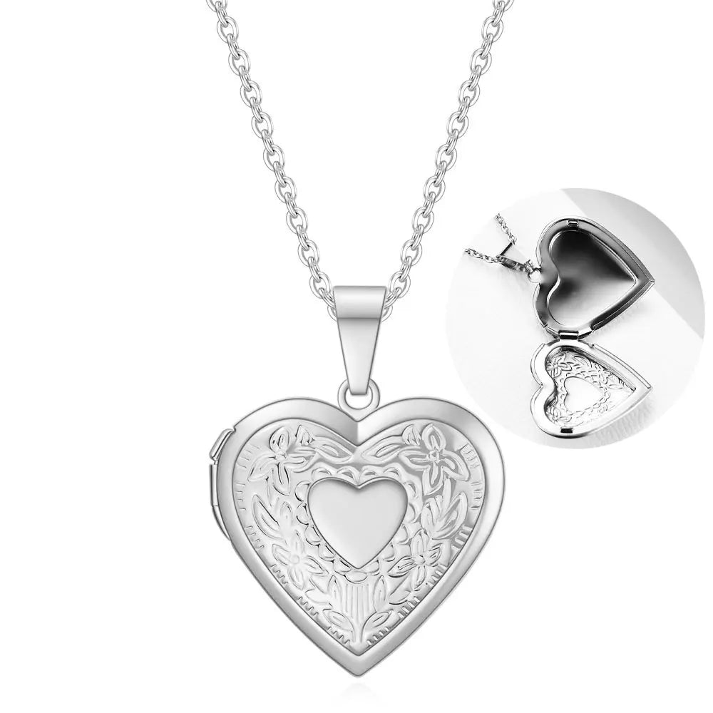 Fashion Heart Locket Pendant Necklaces for Women Openable Photo Frame Floral Stainless Steel Necklaces Family Love Collar