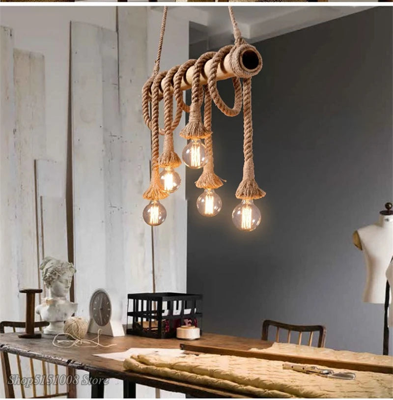 Vintage Country Hemp Rope Pendant Lights E27 Bulb Creative Hanging Lamp for Bedroom Dining Room Furniture Kitchen Light Fixtures
