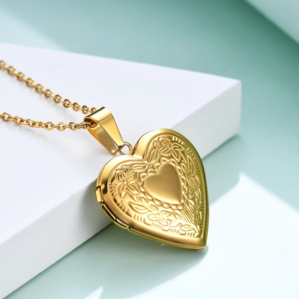 Fashion Heart Locket Pendant Necklaces for Women Openable Photo Frame Floral Stainless Steel Necklaces Family Love Collar