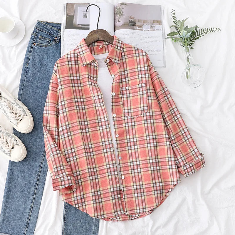 Casual Women's Plaid Shirt 2025 Spring Autumn New Ladies Loose Blouse and Tops Female Long Sleeve Shirts Fresh Checked Clothes