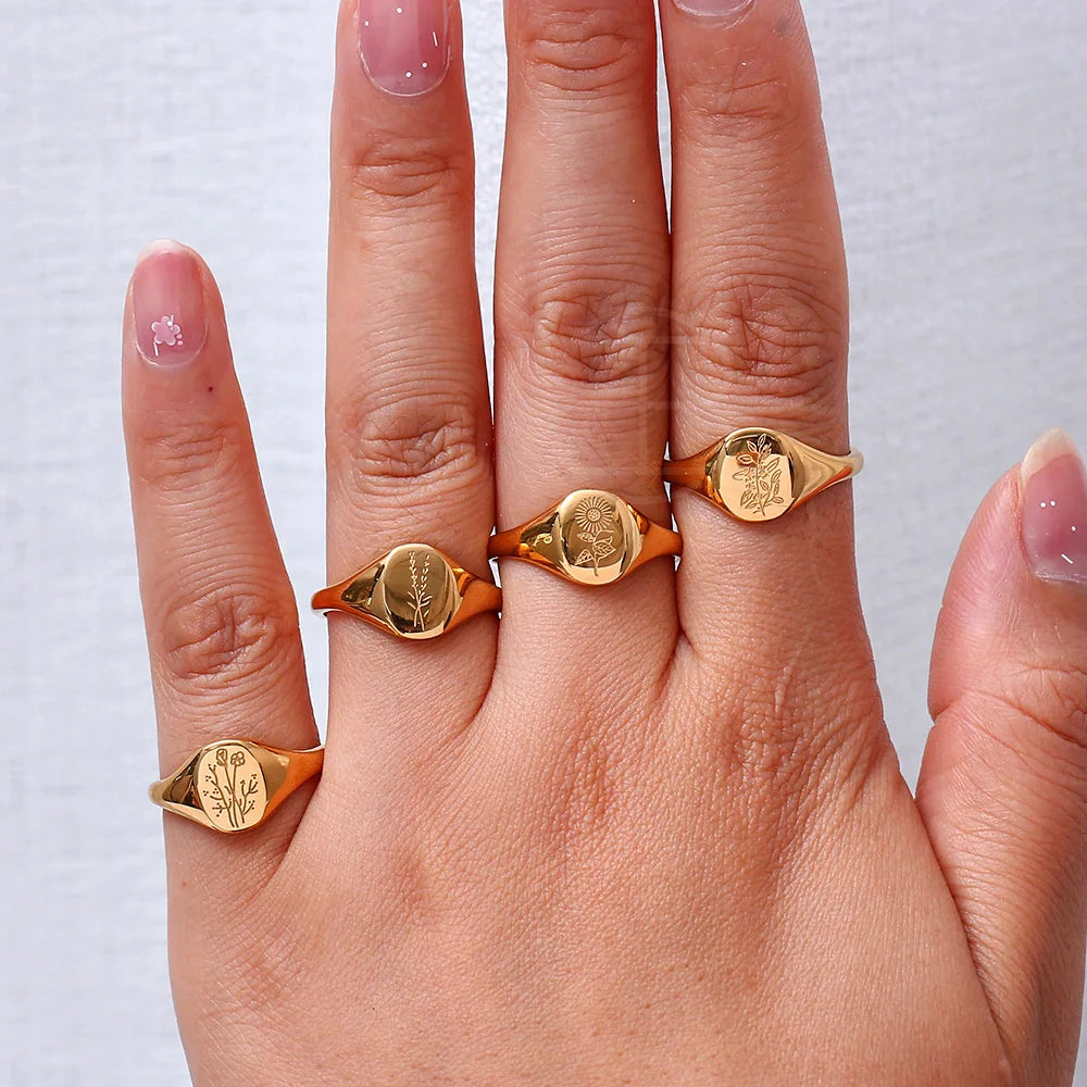 Handmade Tarnish Free Stainless Steel 18k Gold Plated Engraving Wildflower Tea Leaf Lavender Sunflower Signet Rings For Women