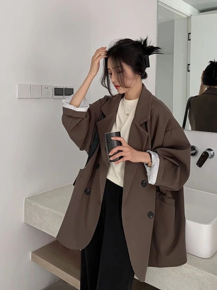 New 2025 Vintage Loose Women Solid Blazer Autumn Chic Double Breasted Female Long Sleeve Suit Jackets Stylish Ladies Blazers