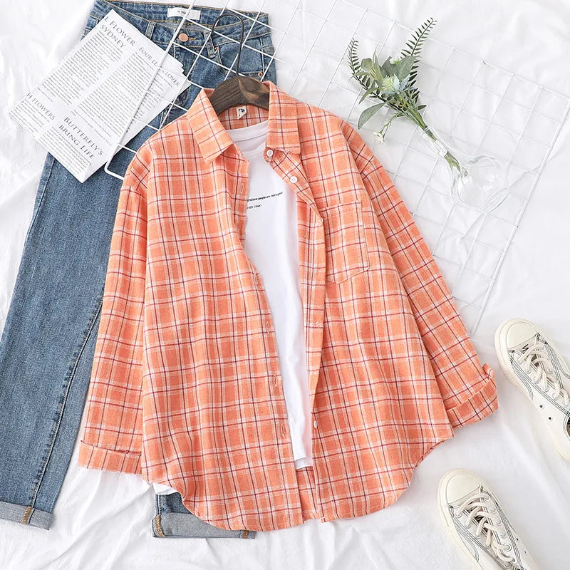 Casual Women's Plaid Shirt 2025 Spring Autumn New Ladies Loose Blouse and Tops Female Long Sleeve Shirts Fresh Checked Clothes