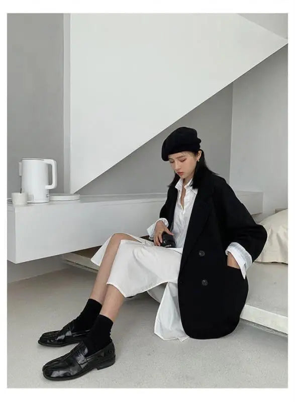 New 2025 Vintage Loose Women Solid Blazer Autumn Chic Double Breasted Female Long Sleeve Suit Jackets Stylish Ladies Blazers