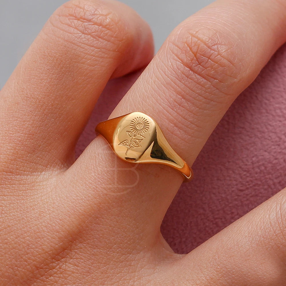 Handmade Tarnish Free Stainless Steel 18k Gold Plated Engraving Wildflower Tea Leaf Lavender Sunflower Signet Rings For Women