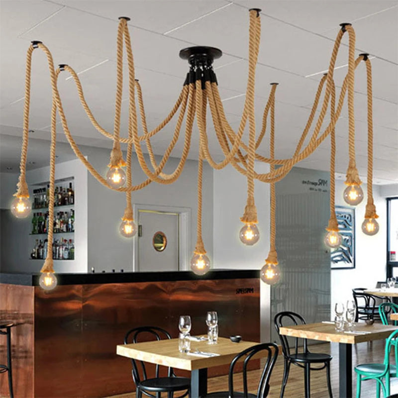 Vintage hemp rope pendant lamp dining room furniture Living room kitchen industrial Spider web Multi-head Retro hanging lights