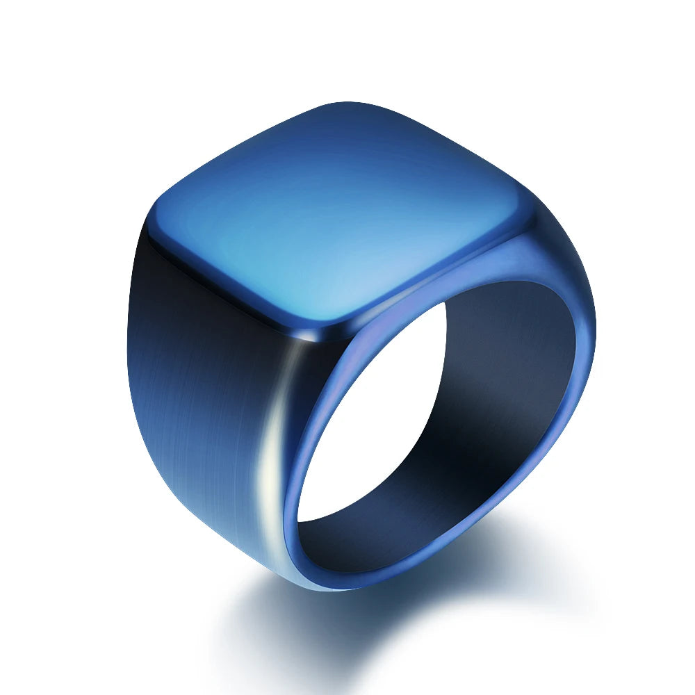 Free Engrave New Silver/Gold/Black/Blue Square Big Width Signet Rings Customized Fashion Finger Men Ring Titanium Steel Jewelry