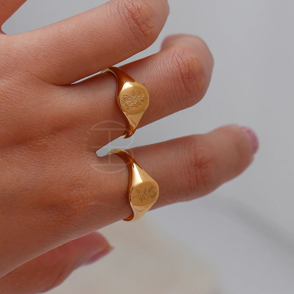 Handmade Tarnish Free Stainless Steel 18k Gold Plated Engraving Wildflower Tea Leaf Lavender Sunflower Signet Rings For Women