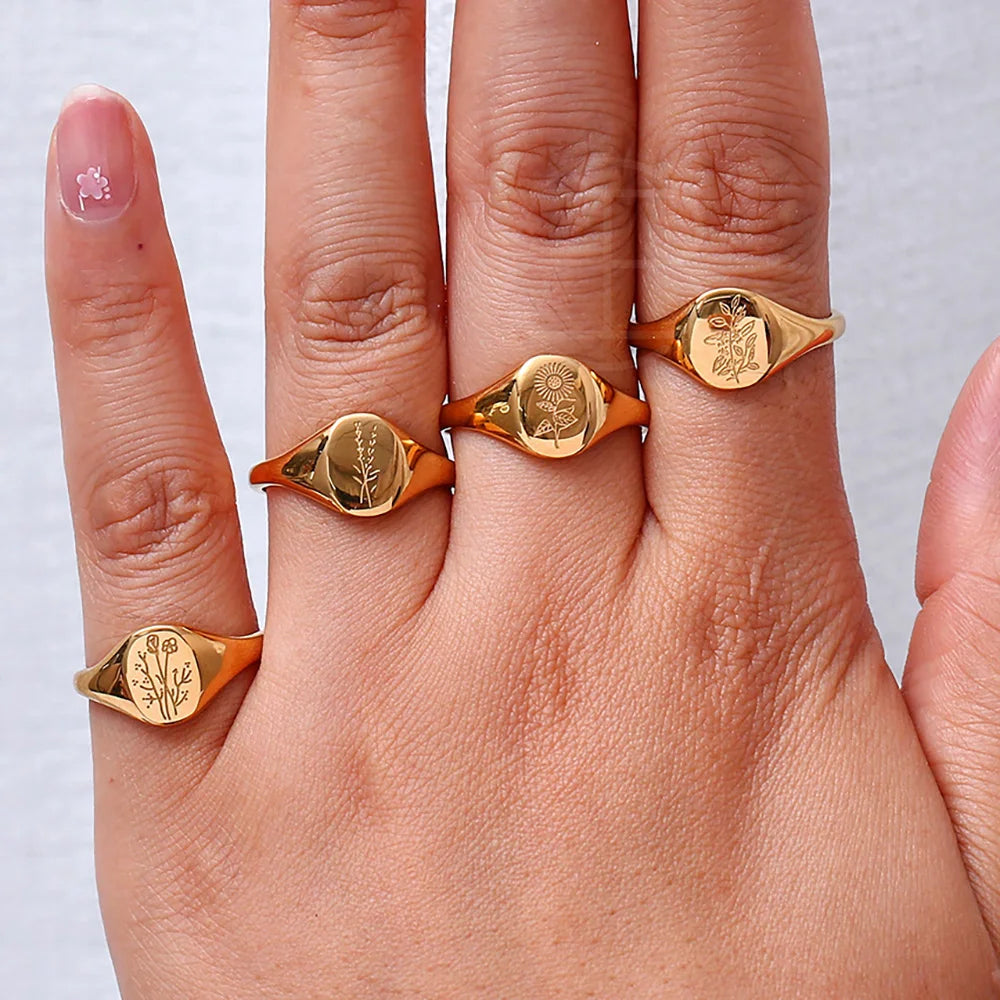 Handmade Tarnish Free Stainless Steel 18k Gold Plated Engraving Wildflower Tea Leaf Lavender Sunflower Signet Rings For Women