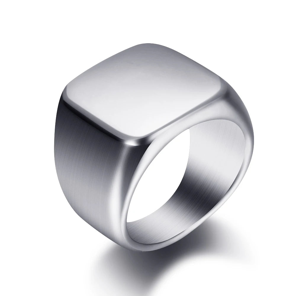 Free Engrave New Silver/Gold/Black/Blue Square Big Width Signet Rings Customized Fashion Finger Men Ring Titanium Steel Jewelry