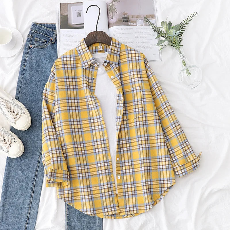 Casual Women's Plaid Shirt 2025 Spring Autumn New Ladies Loose Blouse and Tops Female Long Sleeve Shirts Fresh Checked Clothes