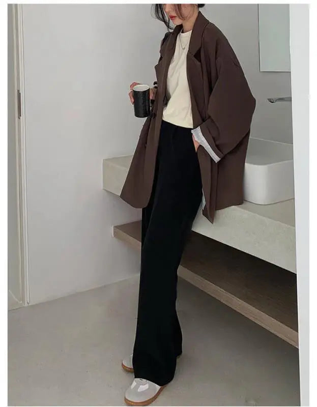 New 2025 Vintage Loose Women Solid Blazer Autumn Chic Double Breasted Female Long Sleeve Suit Jackets Stylish Ladies Blazers