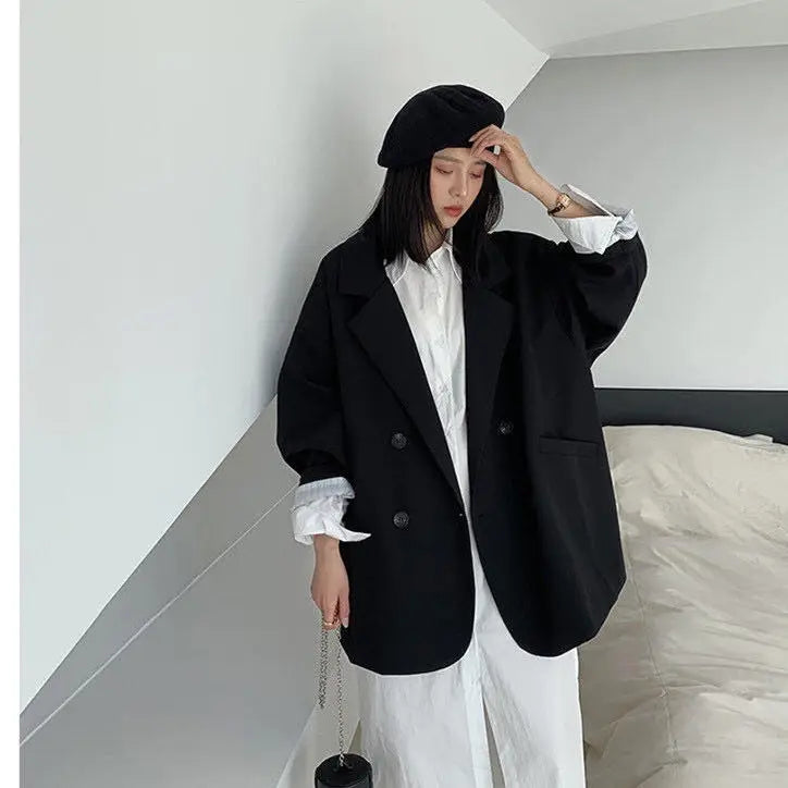 New 2025 Vintage Loose Women Solid Blazer Autumn Chic Double Breasted Female Long Sleeve Suit Jackets Stylish Ladies Blazers