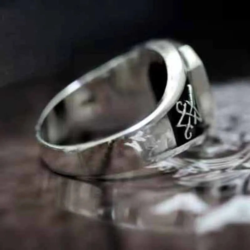 Vintage Gothic Lucifer Seal of Satan Signet Rings Punk Stainless Steel Seal Rings With Black Stone Pagan Jewelry Party Man Gift