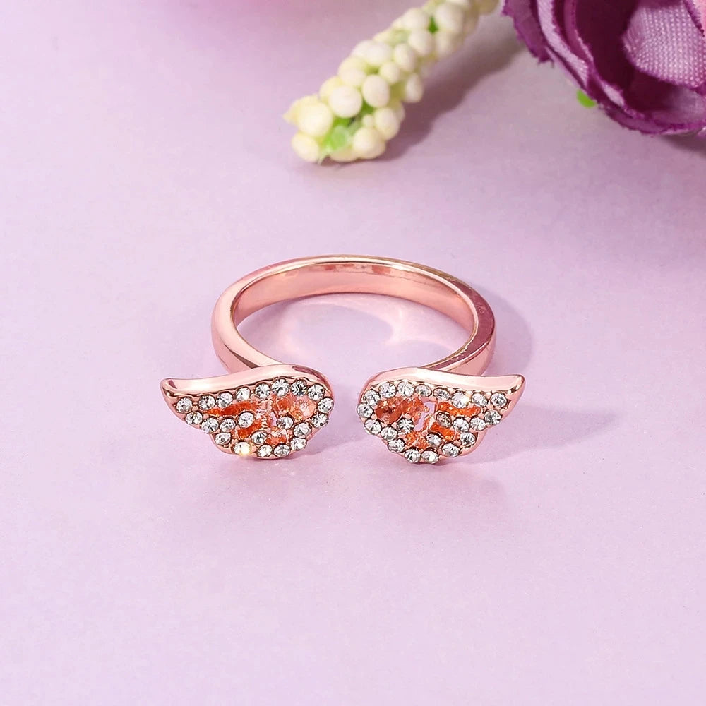 Korean Style Angel Wings Ring Adjustable Rhinestone Finger Rings For Women Silver Color Female Party Birthday Jewelry Gift
