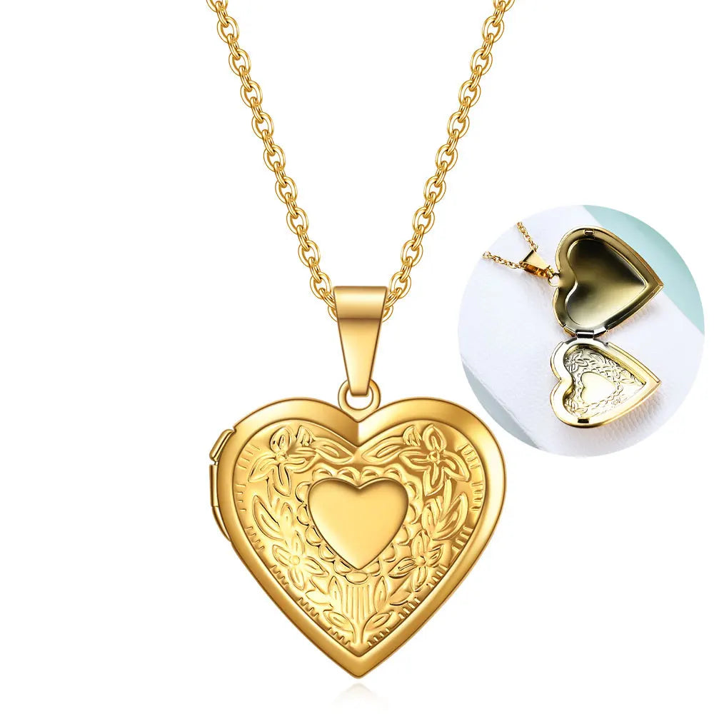 Fashion Heart Locket Pendant Necklaces for Women Openable Photo Frame Floral Stainless Steel Necklaces Family Love Collar