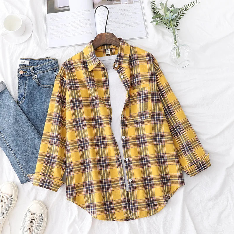 Casual Women's Plaid Shirt 2025 Spring Autumn New Ladies Loose Blouse and Tops Female Long Sleeve Shirts Fresh Checked Clothes