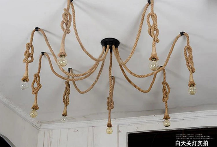 Vintage hemp rope pendant lamp dining room furniture Living room kitchen industrial Spider web Multi-head Retro hanging lights