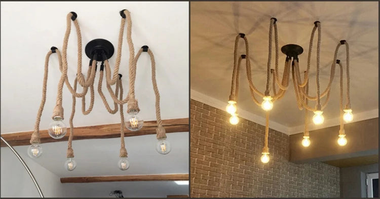 Vintage hemp rope pendant lamp dining room furniture Living room kitchen industrial Spider web Multi-head Retro hanging lights