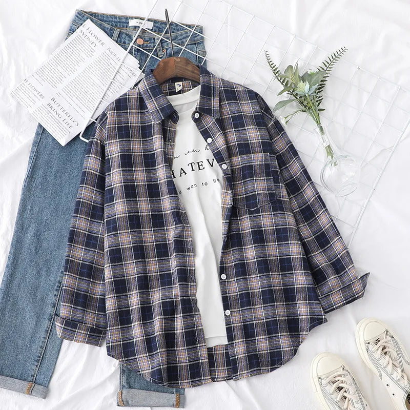 Casual Women's Plaid Shirt 2025 Spring Autumn New Ladies Loose Blouse and Tops Female Long Sleeve Shirts Fresh Checked Clothes