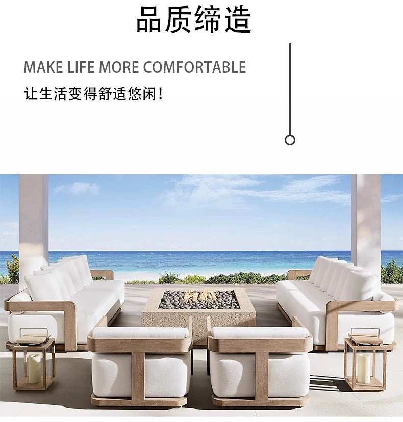 Modern Outdoor Furniture Set Waterproof  Foot Pedal with Teak Wooden Bench & Rattan Cast Sofa Garden Living Room Hotels Meuble