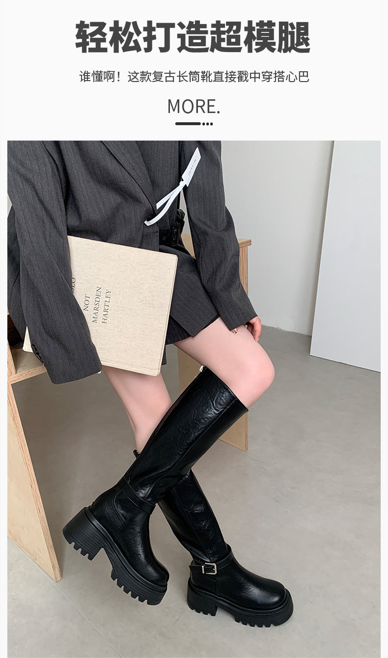 Maillard Thick-Soled Long Boots for Women 2025 Autumn and Winter New Style Small Inner Heightening Over-The-Knee Knight Boots