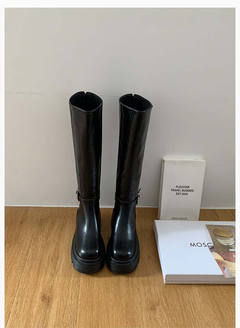 Maillard Thick-Soled Long Boots for Women 2025 Autumn and Winter New Style Small Inner Heightening Over-The-Knee Knight Boots