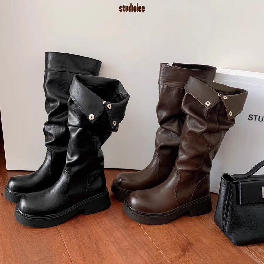 Grape Mom's Same Style Height-Increasing 5cm~ Thick-Soled Chunky Heel Snap-Button Riding Boots for Women