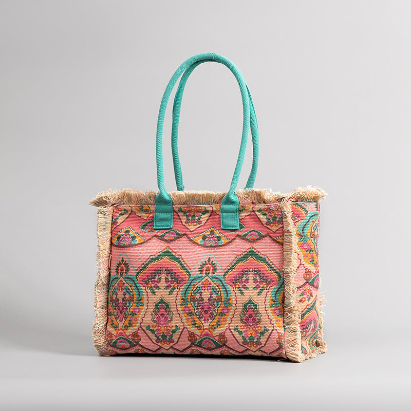 European and American Cross-Border Tote Bag Bohemian Retro Shoulder Bag Zipper Handbag Large Capacity Canvas Bag Women Summer