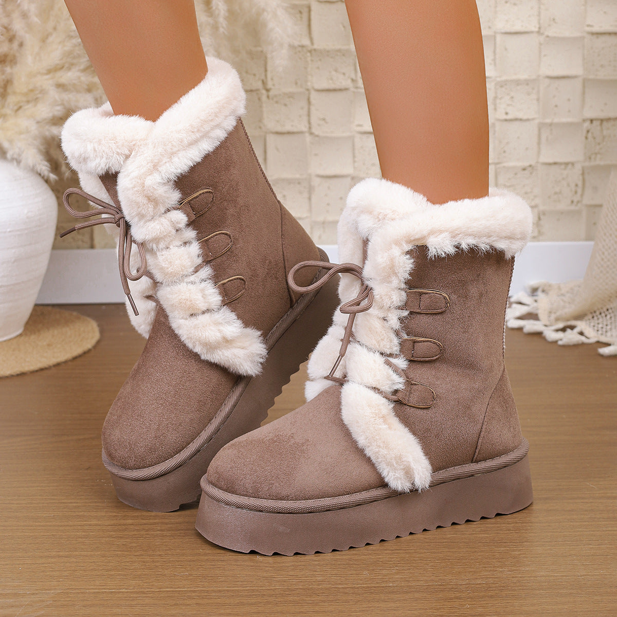 Women's Snow Boots 2025 Winter New Style Furry Women's Boots Thickeneded Snow Cotton Thick Sole Fleece-Lined Mid-Calf Large Size Cotton Boots
