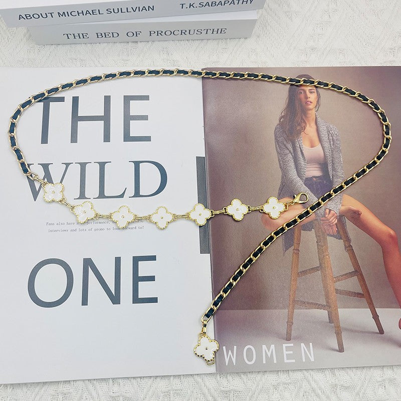 Fragrant Style Waist Chain Accessories Women's Summer Metal Four-leaf Clover Two-sided Available Splicing Chain All-match Thin Chain Belt Pants Chain